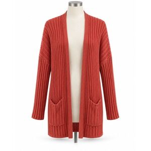 American Eagle Medium Cardigan Sweater Open Front Ribbed Coral Pink Knit Pockets